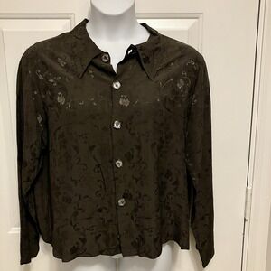 CP Shades Medium Brown Jacquard Shirt Top Button Up Boxy 100% Rayon Women's